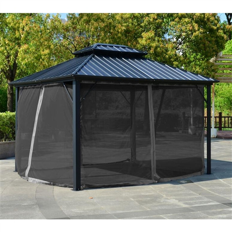 Double Roof Aluminum and Steel Hardtop Gazebo with Mosquito Net - 12 x 10 Feet - Black