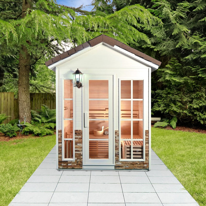 Outdoor Canadian Red Cedar Wood Wet Dry Sauna - 4 Person - 4.5 kW ETL Electrical Heater - Stone Finish
