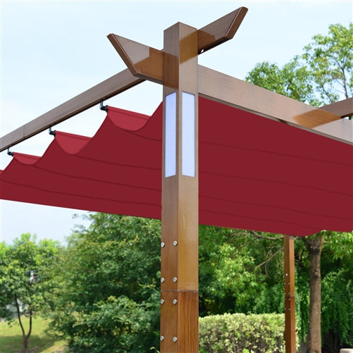 ALEKO Aluminum Outdoor Retractable Pergola with Solar Powered LED Lamps and Wooden Finish - 13 x 10 Ft - Burgundy