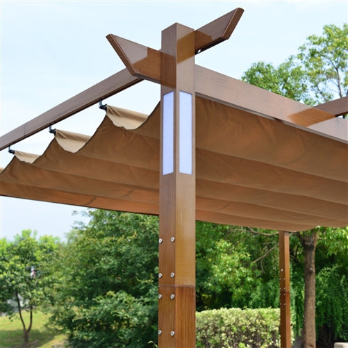ALEKO Aluminum Outdoor Retractable Pergola with Solar Powered LED Lamps and Wooden Finish - 13 x 10 Ft - Sand