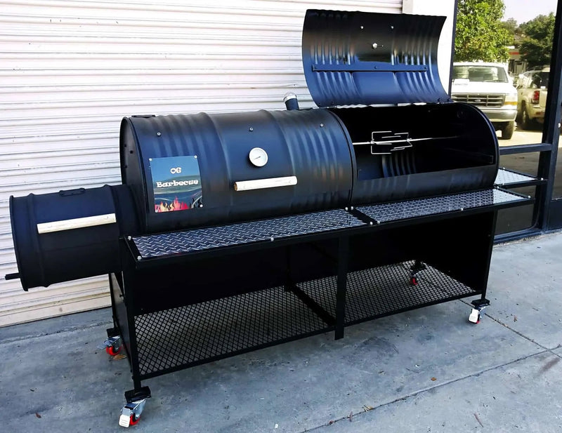 MOSS GRILLS DELUXE DOUBLE BARREL GRILL WITH SINGLE SMOKE BOX AND SIDE WALL ENCLOSURE