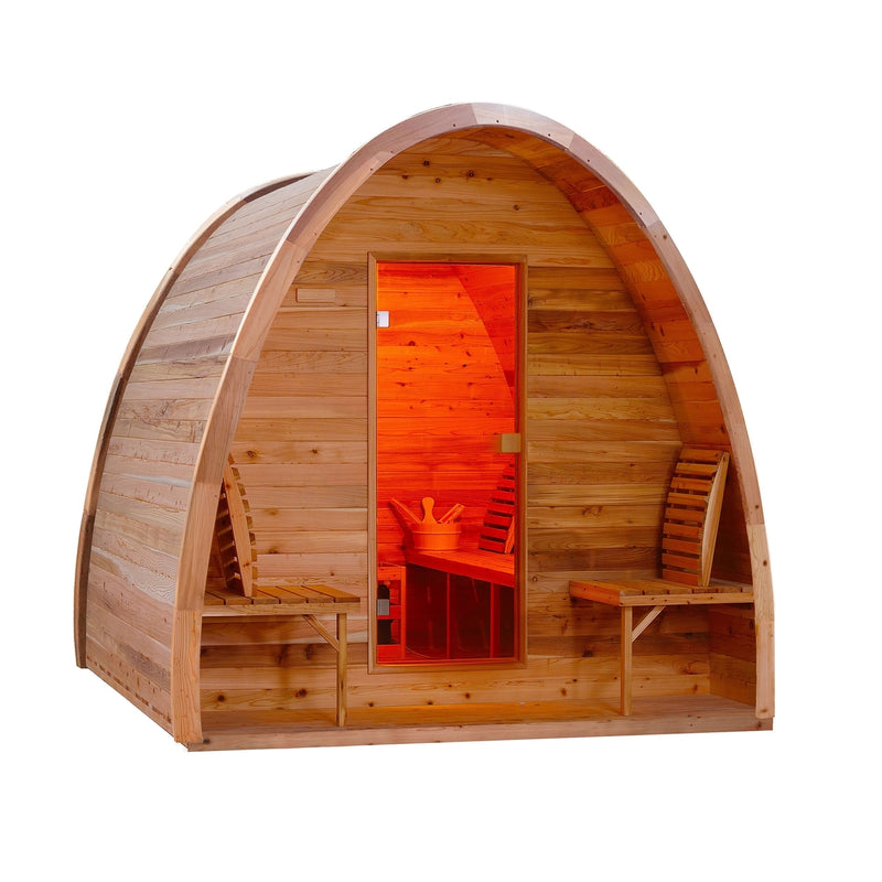 Outdoor Rustic Cedar Barrel Steam Sauna Pod with Bitumen Shingle Roofing - 8 Person - 9 kW ETL Certified Heater