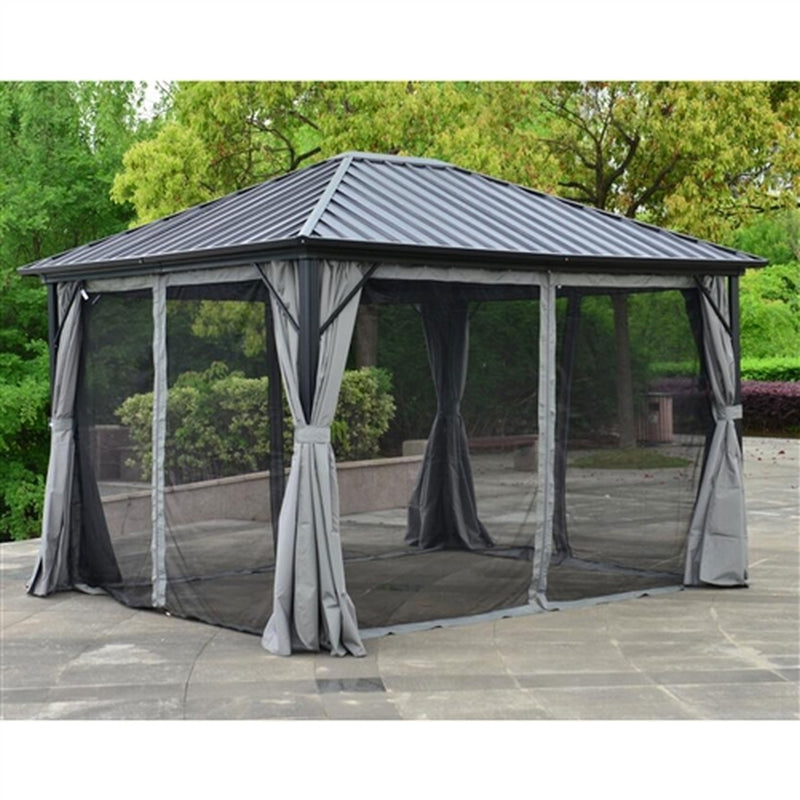 Aluminum and Steel Hardtop Gazebo with Mosquito Net and Curtain - 12 x 10 Feet - Black