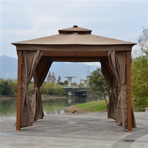 ALEKO Double Roof Aluminum Frame Gazebo with Wooden Finish and Curtain - 10 x 10 Feet - Sand
