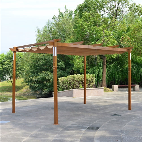 ALEKO Aluminum Outdoor Retractable Pergola with Solar Powered LED Lamps and Wooden Finish - 13 x 10 Ft - Sand