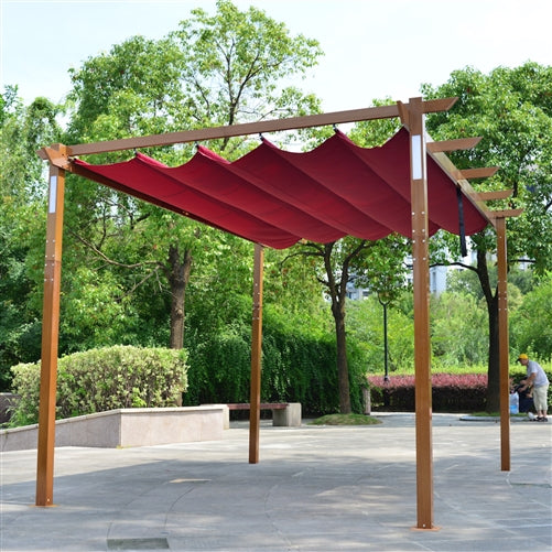 ALEKO Aluminum Outdoor Retractable Pergola with Solar Powered LED Lamps and Wooden Finish - 13 x 10 Ft - Burgundy