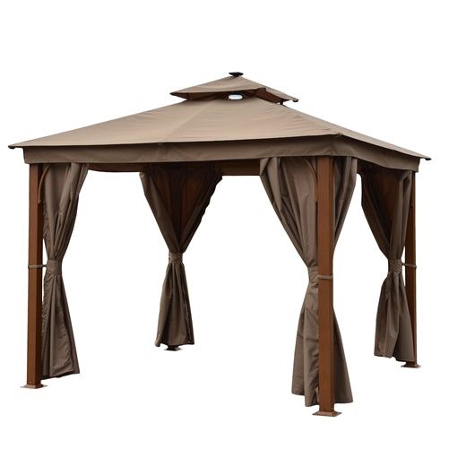 ALEKO Double Roof Aluminum Frame Gazebo with Wooden Finish and Curtain - 10 x 10 Feet - Sand