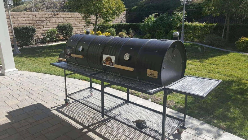MOSS GRILLS DOUBLE BARREL CUSTOM BBQ GRILL WITH SINGLE SMOKE BOX