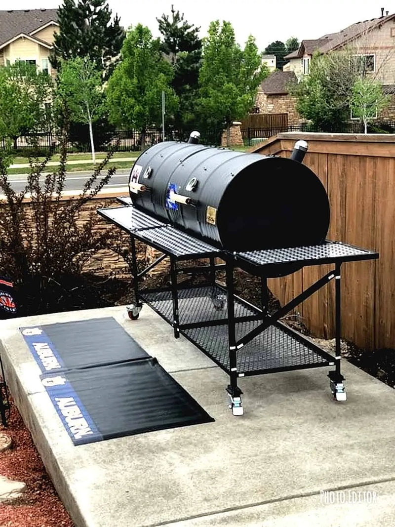MOSS GRILLS TAILGATE DOUBLE BARREL CUSTOM BBQ GRILL WITH DIAMOND PLATE COUNTERTOPS