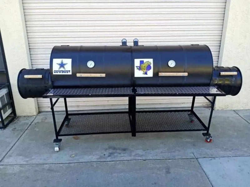 MOSS GRILLS DOUBLE BARREL CUSTOM BBQ GRILL WITH DOUBLE FIREBOX